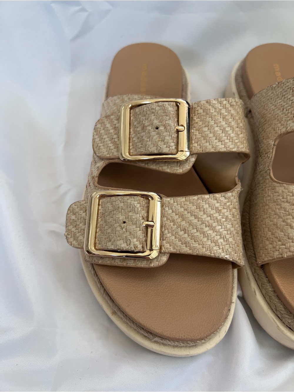 Madden Girl Beige Woven Double-Buckle Slide Sandals